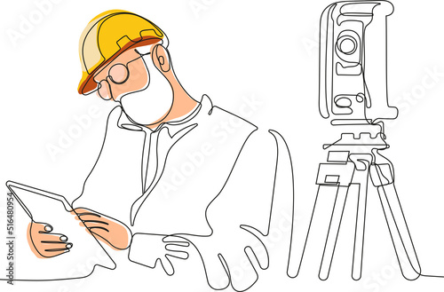 Close up of young Caucasian worker with helmet on head using tablet for work while standing in warehouse. Surveyor with a tripod icon. Geodesic tripod. Vector illustration
