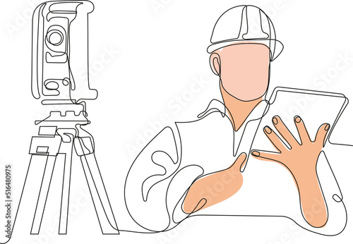 Close up of young Caucasian worker with helmet on head using tablet for work while standing in warehouse. Surveyor with a tripod icon. Geodesic tripod. Vector illustration