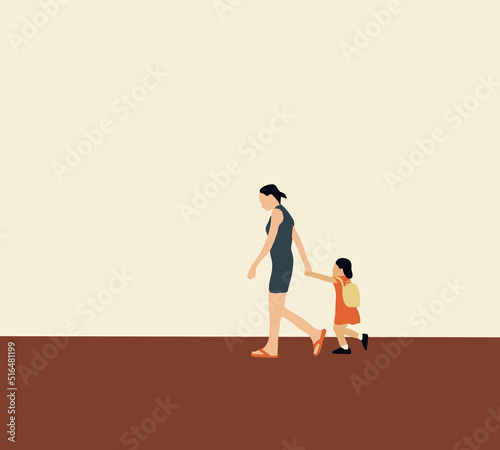 Mother and her daughter with backpack walking together going back to the school. Beginning of lessons.