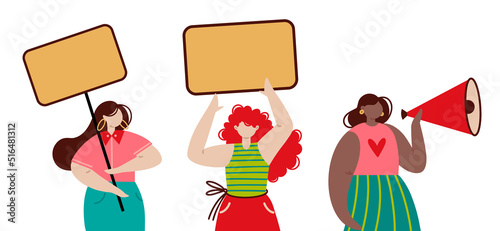 Group of protesting women, flat vector illustration. Feminist girls hold a banner, speak into a megaphone. Demonstration against domestic violence, sexism. Women march for rights