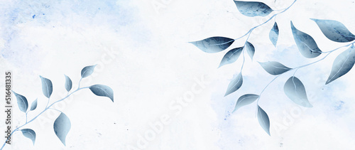 Abstract art background with tree leaves in blue. Botanical banner in watercolor style for wallpaper, design, decor, print