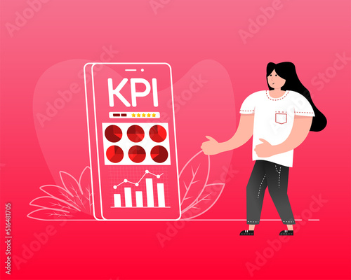 Kpi people and smarphone on pink background. Vector illustration
