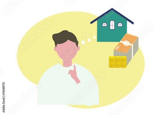住宅購入と住宅ローンについて考える男性 家 買う 不動産 新築 人物 ベクターイラスト