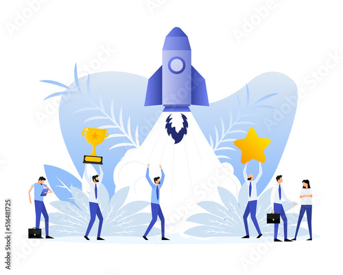 Poster with rocket people. Startup company launch concept, flat tiny person vector illustration