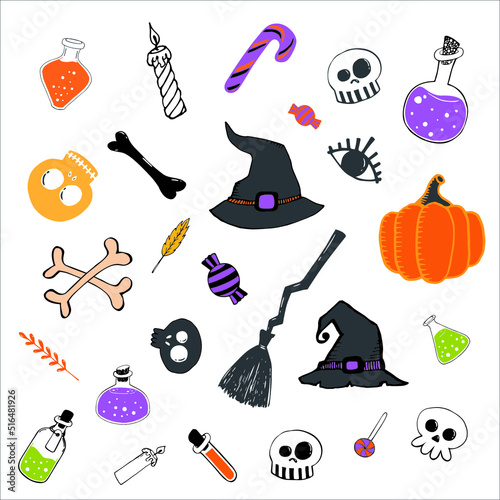 Halloween clip art. pumpkin, skull, witch hat, bones, potion, broom