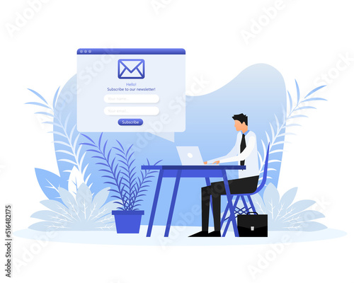 Web page with people in flat style on a white background. Subscribe to our newsletter. Vector illustration