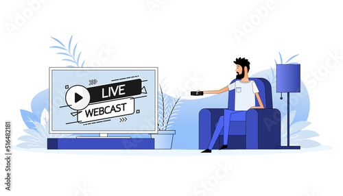 Man sits on the couch, they switch the channel on the TV - Live webcast