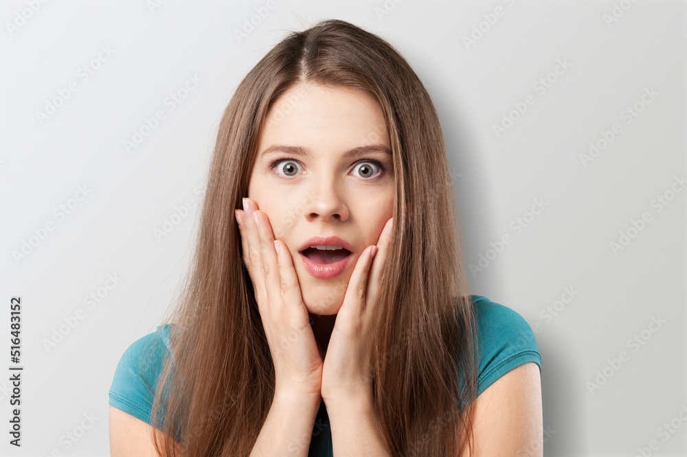 Image of shocked anxious woman in panic, worrying, standing frustrated and scared Image of shocked anxious woman in panic, worrying, standing frustrated and scared