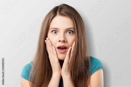 Image of shocked anxious woman in panic, worrying, standing frustrated and scared