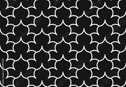 Ethnic or Indian style repeat pattern in curved white outline on a black background, geometric vector illustration