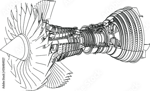 Jet engine isometrics. Vector line illustration. Concept vector illustration of advanced technology development, inheritance of skilled techniques and space development.