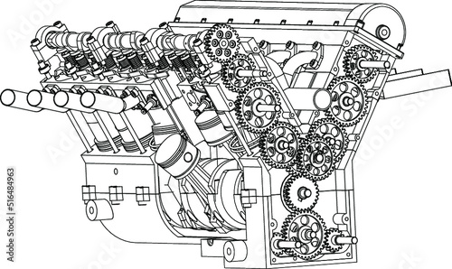 Automobile engines isometrics. Vector line illustration.Concept vector illustration of advanced technology development, inheritance of skilled techniques and space development.