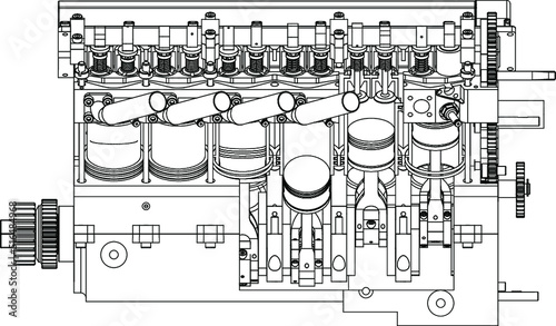 Automobile engines isometrics. Vector line illustration.Concept vector illustration of advanced technology development, inheritance of skilled techniques and space development.