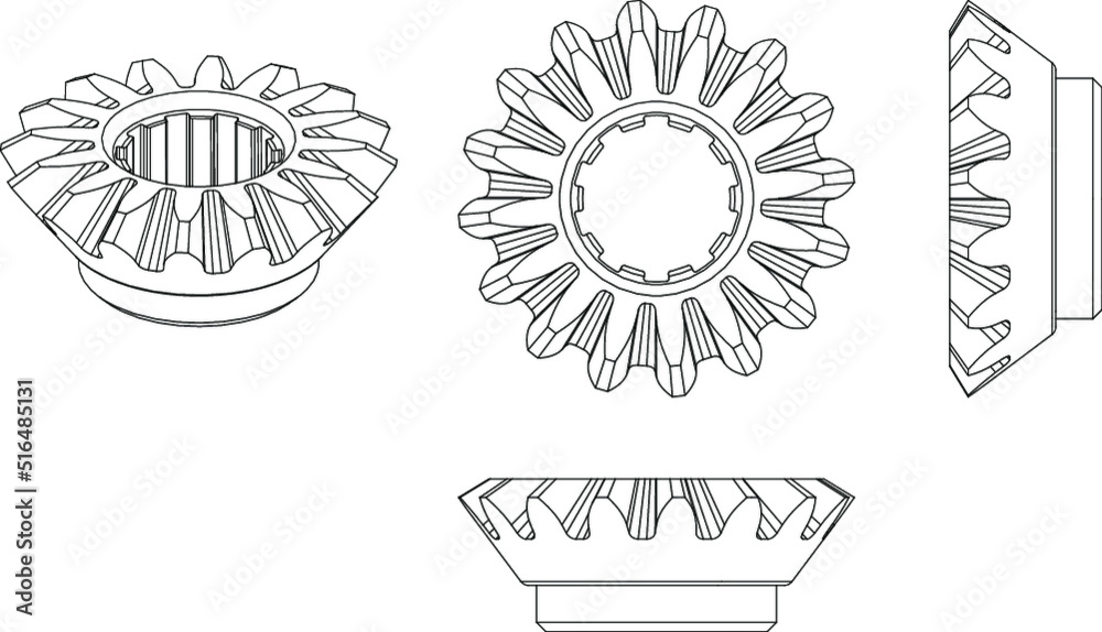 Three-sided view and isometrics of a Bevel Gear. Vector line illustration. - obrazy, fototapety, plakaty 