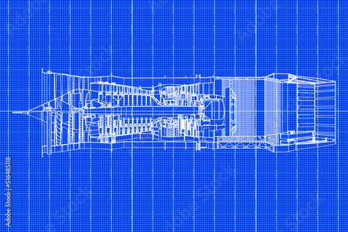 Jet engine isometrics on blue graph paper. Vector line illustration. Concept vector illustration of advanced technology development, inheritance of skilled techniques and space development.