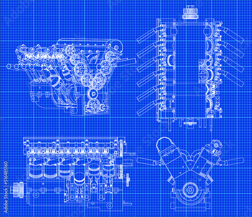 Automobile engines isometrics on blue graph paper. Vector line illustration.Concept vector illustration of advanced technology development, inheritance of skilled techniques and space development.