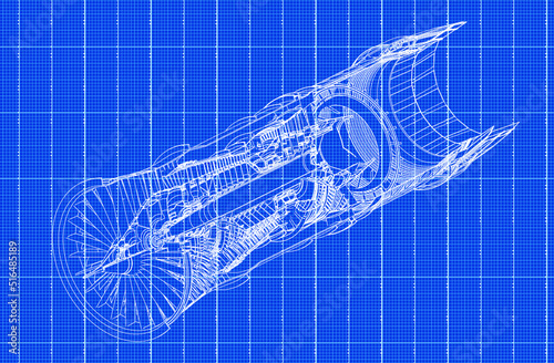 Jet engine isometrics on blue graph paper. Vector line illustration. Concept vector illustration of advanced technology development, inheritance of skilled techniques and space development.