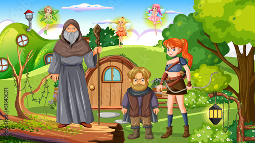 Fototapeta Naklejka Na Ścianę i Meble -  Fantasy folk cartoon characters in the forest