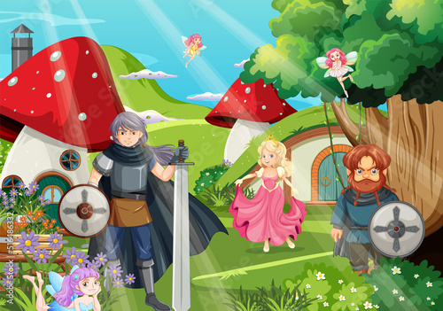 Enchanted scene with medieval cartoon characters