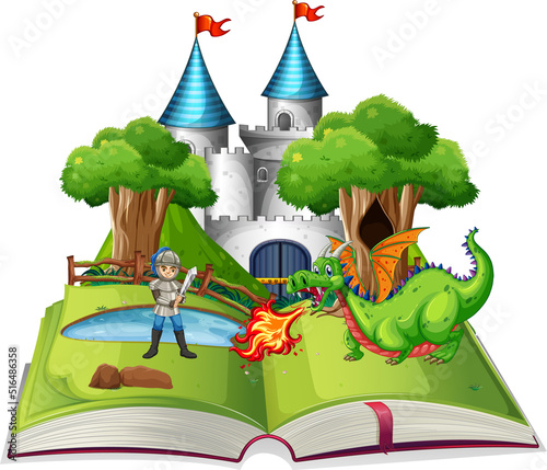 Book with scene of knight and dragon fighting
