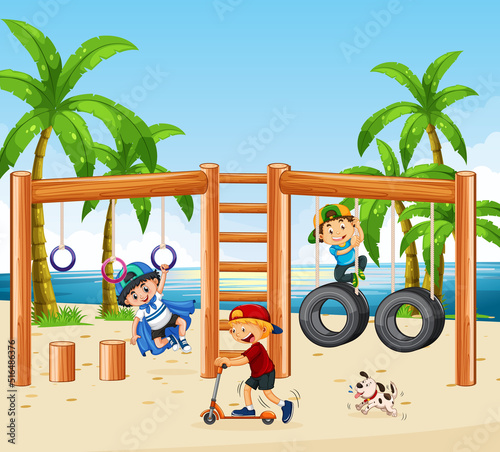 Beach playground with happy children