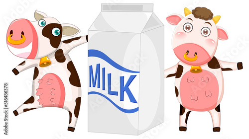 Two cows holding milk box