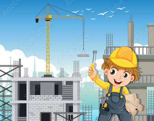 Cartoon scene of building construction site