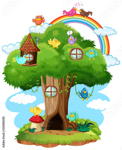 Fairy tree house with many birds