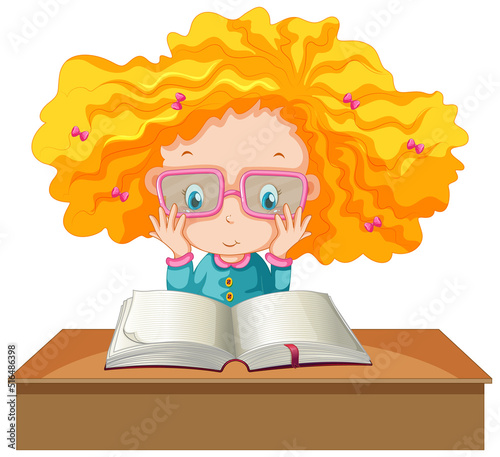 A girl reading a book on white background