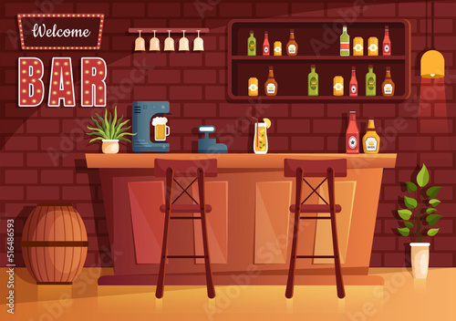 Bar or Pub at Evening with Alcohol Drinks Bottles, Bartender, Table, Interior and Chairs in Indoor Room in Flat Cartoon Illustration