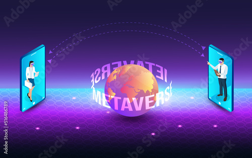 Concept of Future digital technology virtual reality metaverse with Smartphone Connect between man and woman, colorful background. Vector illustration eps10