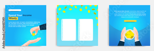 Social media post banner template, tips, tutorial, wisdom, advice, in 3D cartoon style. Financial, saving, and donation advise, coin money on glass jar