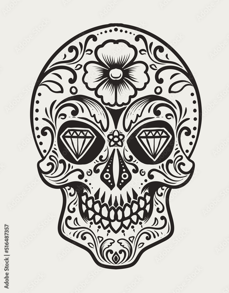 Illustration day of the dead skull on white background Illustration day of the dead skull on white background