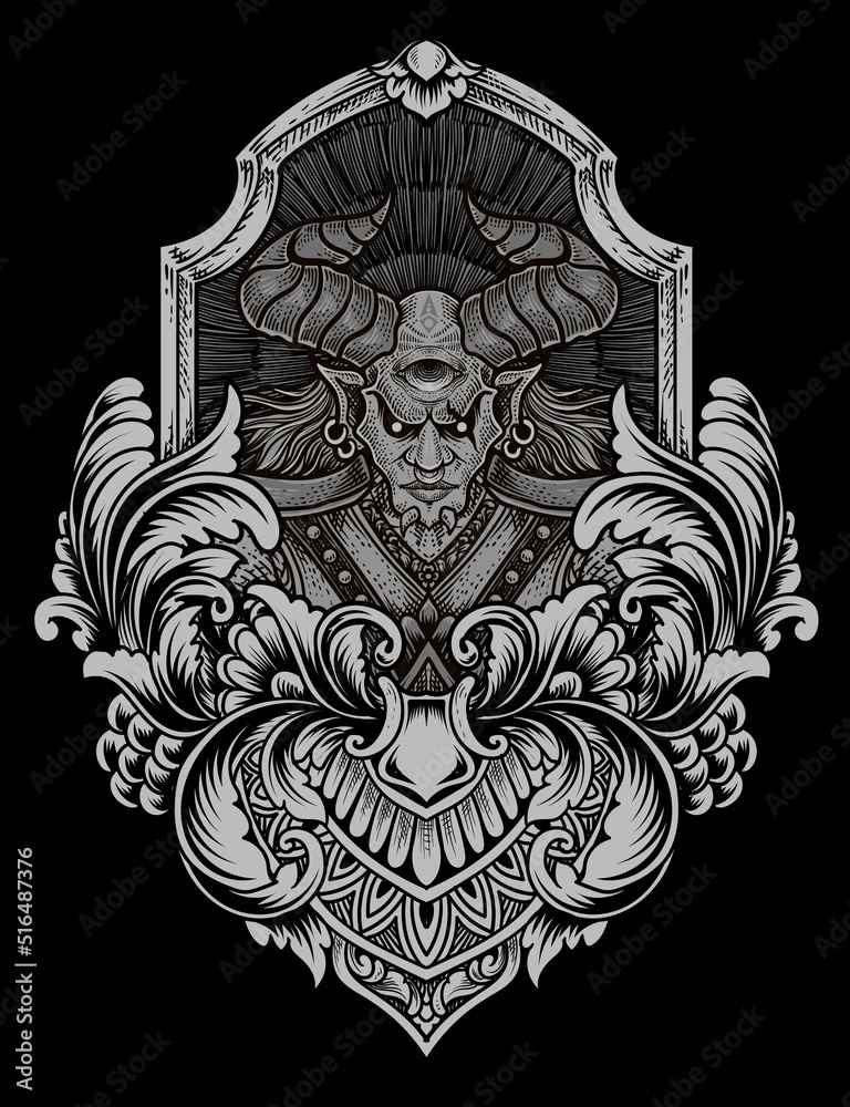 illustration badass demon with Engraving ornament