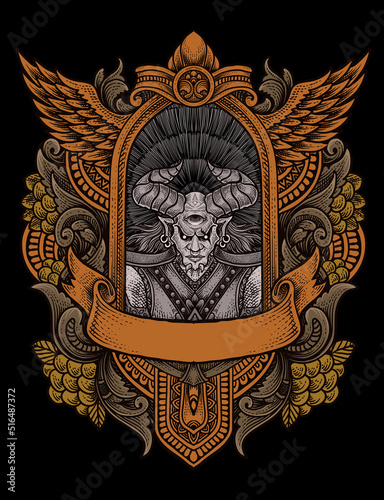 illustration badass demon with Engraving ornament