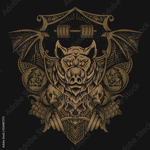illustration baddas Wild boar head with skull with engraving ornament