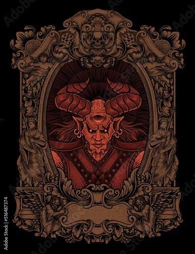 illustration badass demon with Engraving ornament
