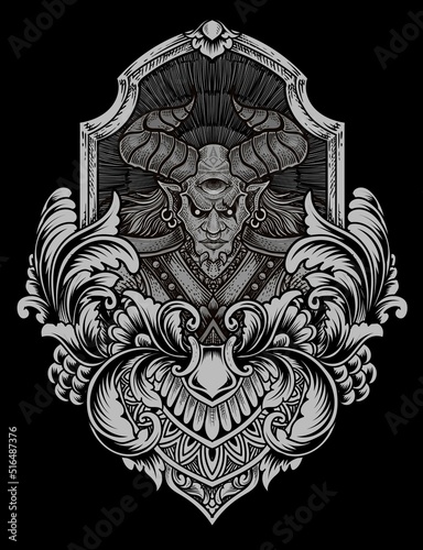 illustration badass demon with Engraving ornament