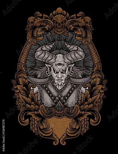 illustration badass demon with Engraving ornament