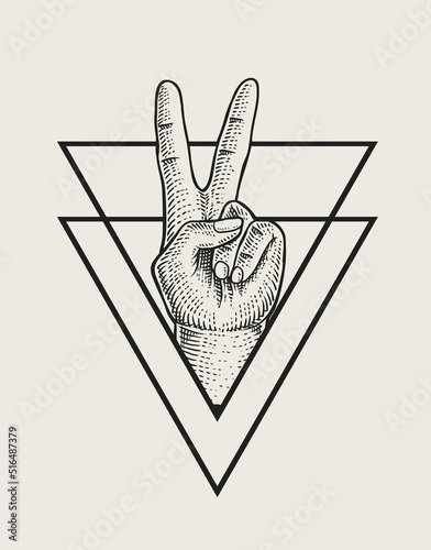 illustration peace finger with engraving style