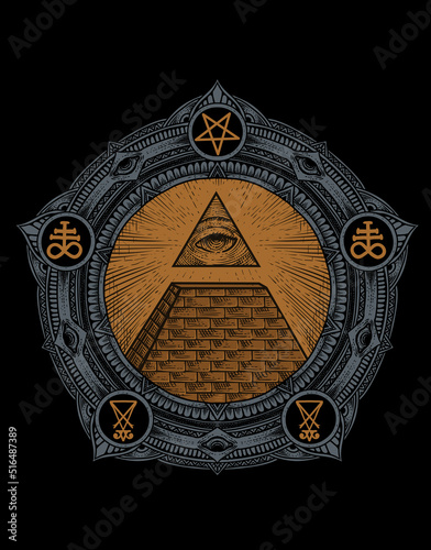 Illustration illuminati pyramid on circle mandala engraving style