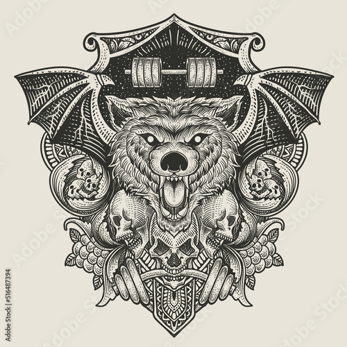 illustration baddas wolf head with skull with engraving ornament