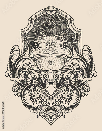 illustration vintage frog with engraving style