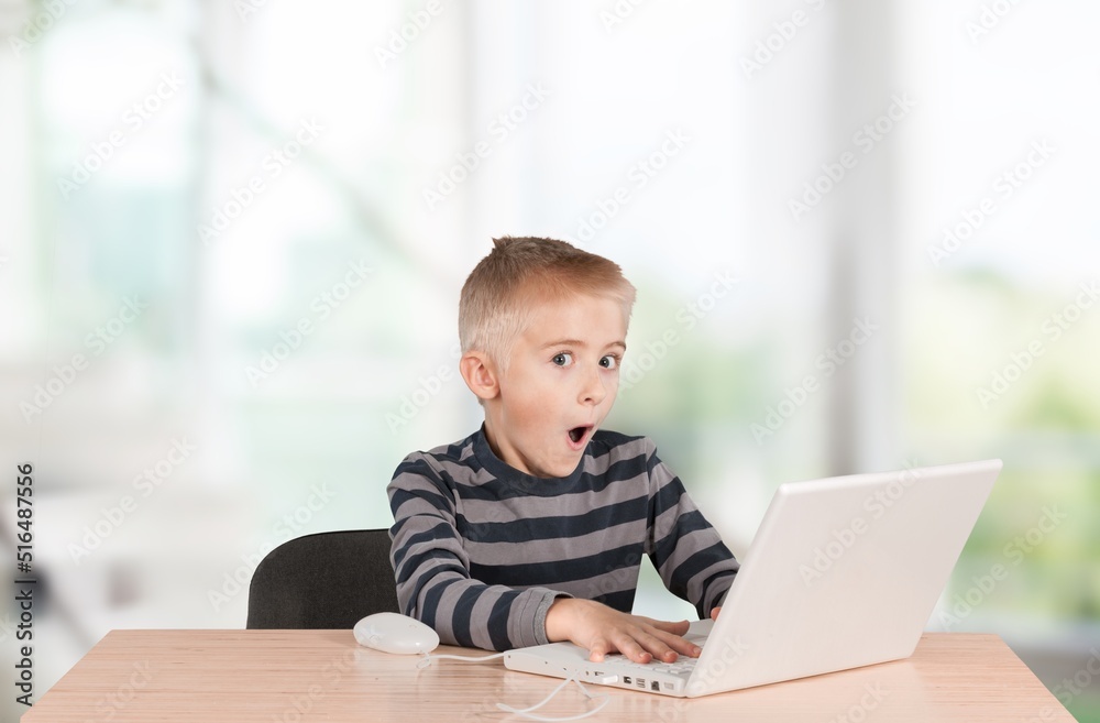 Cute schoolboy using laptop during computer class at school. Cute schoolboy using laptop during computer class at school.