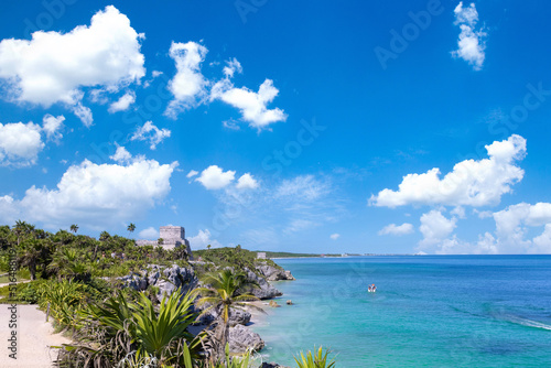 Mexico, Tulum Archaeological Zone and Mayan pyramids on scenic ocean shore. © eskystudio