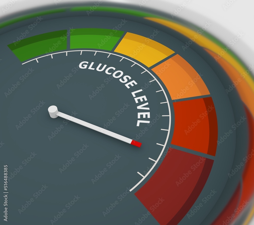 Abstract glucose level indicator with color scale and arrow. 3D render