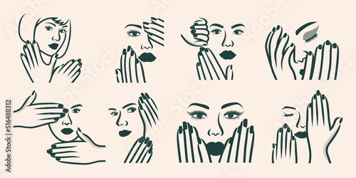 Beauty women icon set logo design combination hand and women logo for nails polish ,salon and SPA