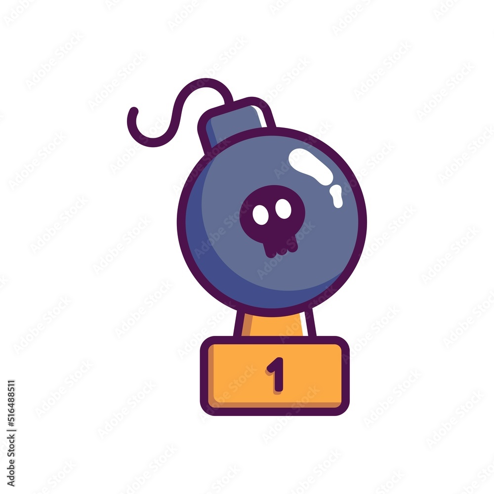 Fototapeta premium Bomb with fuse and skull for game design. Obstacle or gain to pass the level. Template for mobile, client and browser applications. Volumetric vector colorful object for stylization