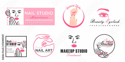 Nails art and eyelash salon vector logo.Illustration of woman hands with elegant,beautiful manicure.