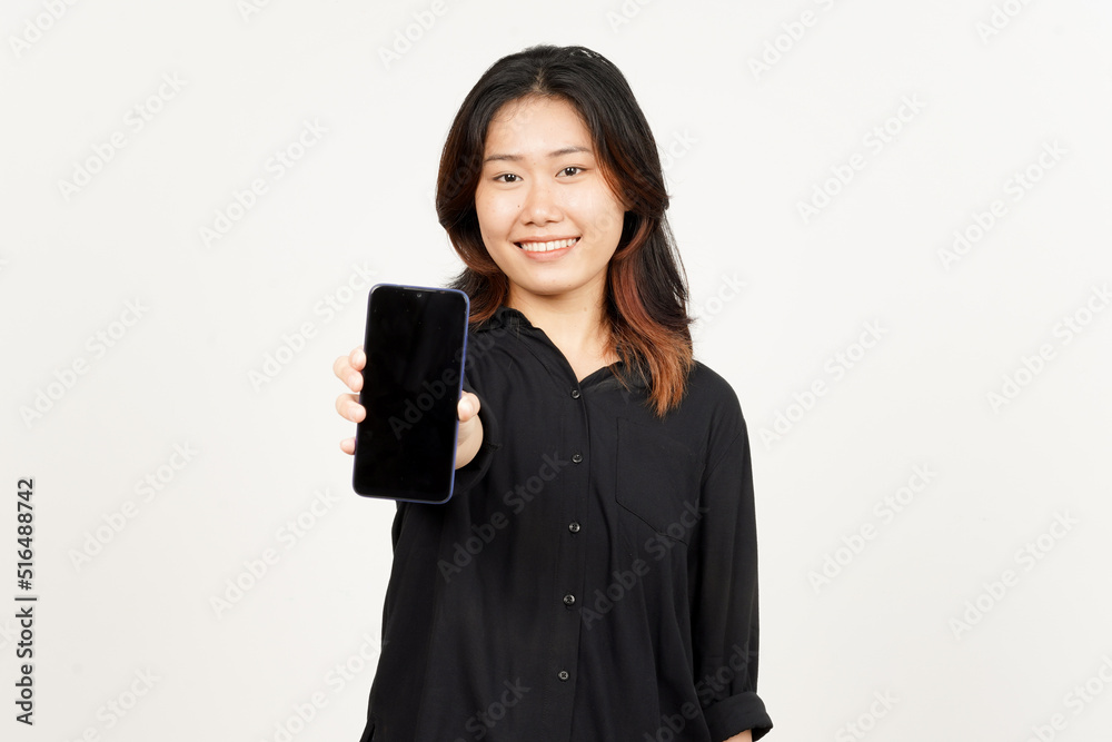 Showing Apps or Ads On Blank Screen Smartphone of Beautiful Asian Woman Isolated On White Background Showing Apps or Ads On Blank Screen Smartphone of Beautiful Asian Woman Isolated On White Background